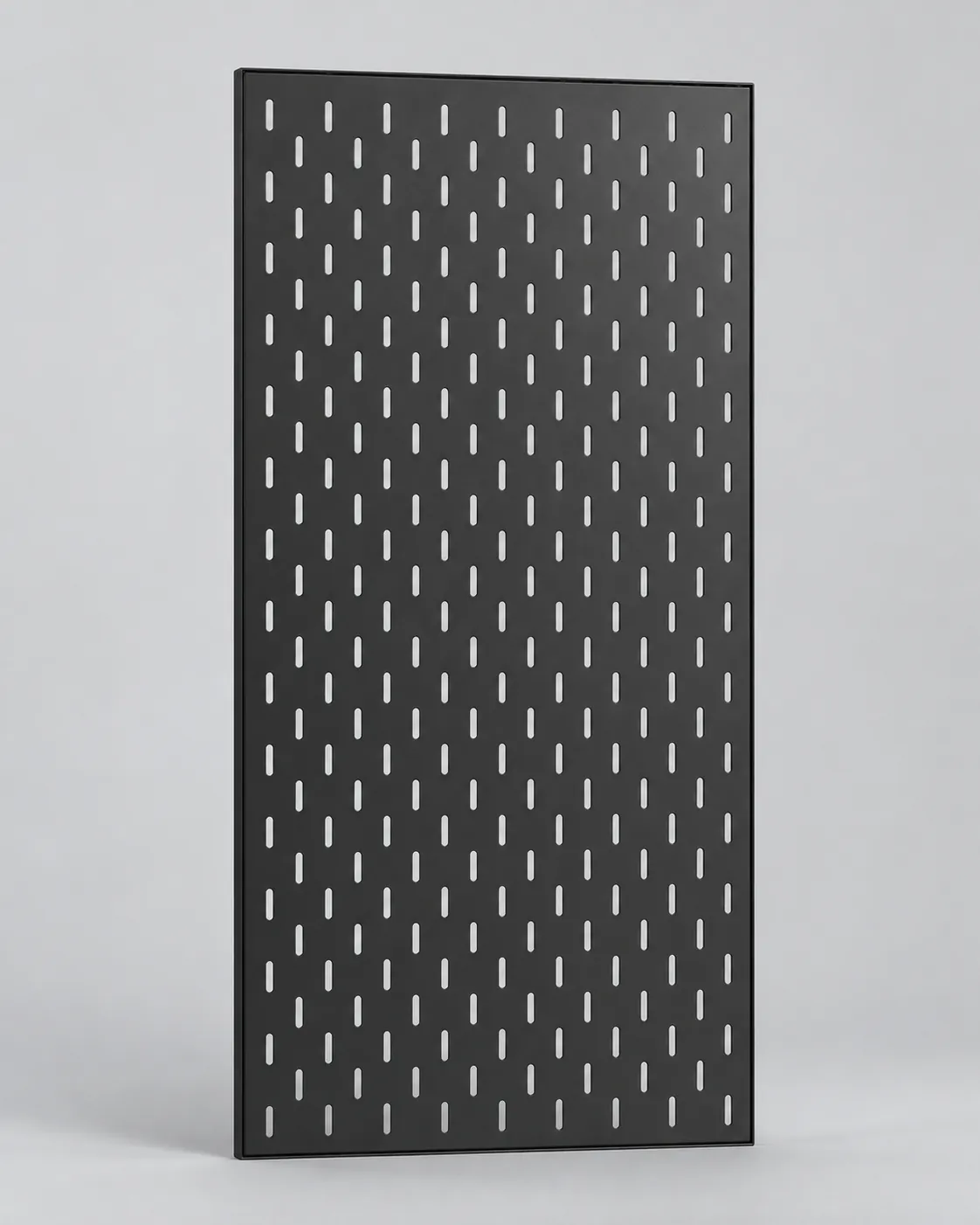Empty black slotted pegboard panel