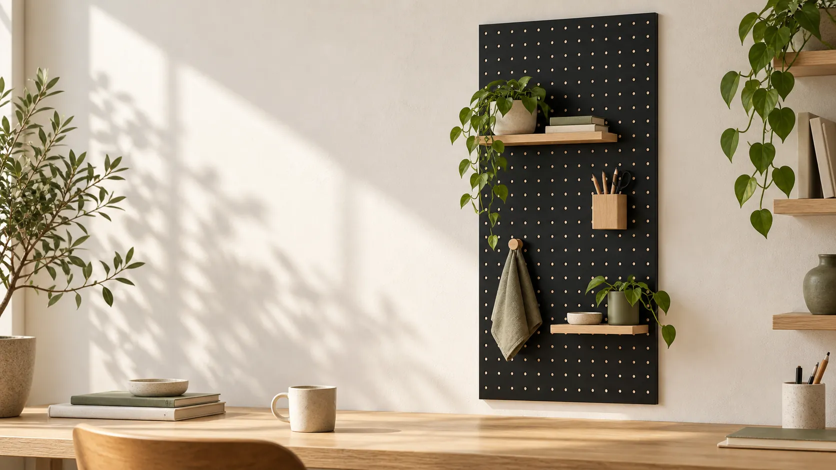 Pegdock black organizing panel in a warm workspace concept